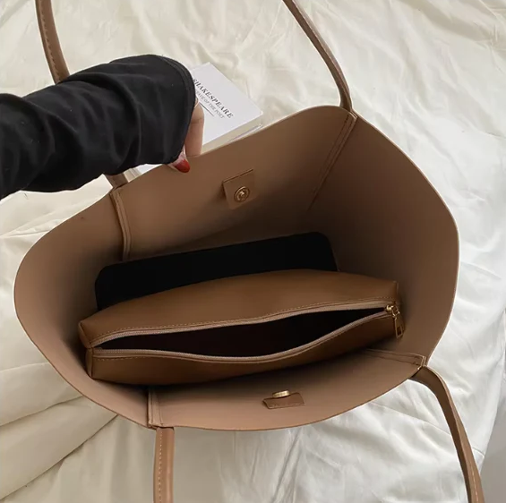 Elegant Caramel Tote Bag with Scarf Accent